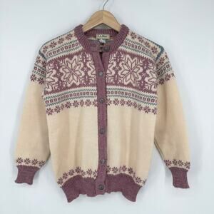 L.L. Bean Vintage 100% Wool Cardigan Fair Isle Crew Neck Chunky Knit Sweater